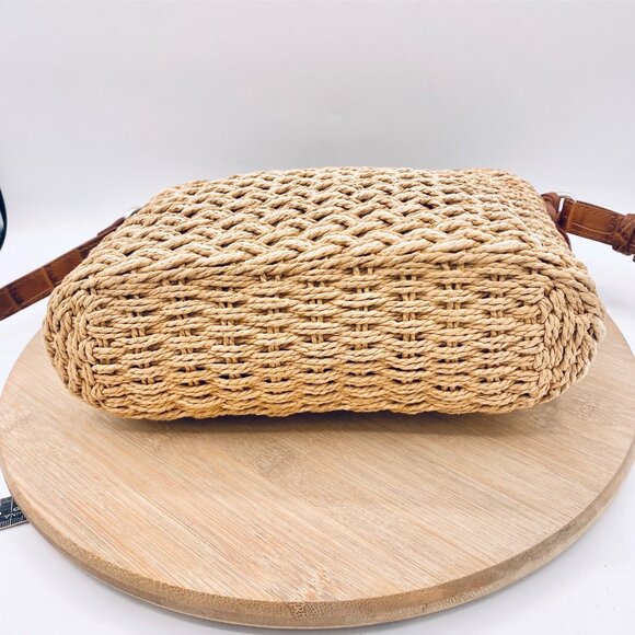 Brighton Crossbody Purse Womens M Tan Straw Leather Woven Messenger Boho - Picture 7 of 13